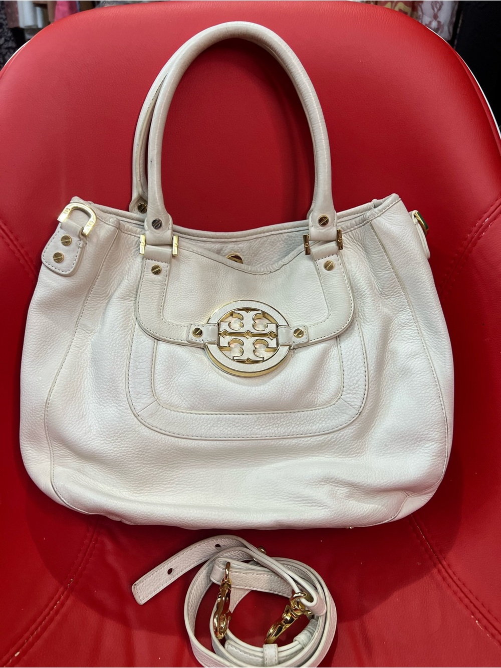 Tory Burch Cream Leather Shoulder Bag with Gold Logo